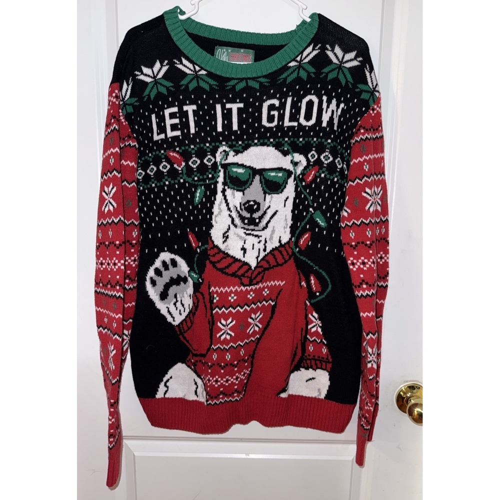 Men's Christmas Sweater Let It Glow Polar Bear Ugly Sweater Size XL